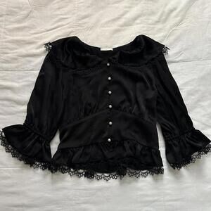 Axes Femme Black lace detail shiny blouse with fitted corset look bodice